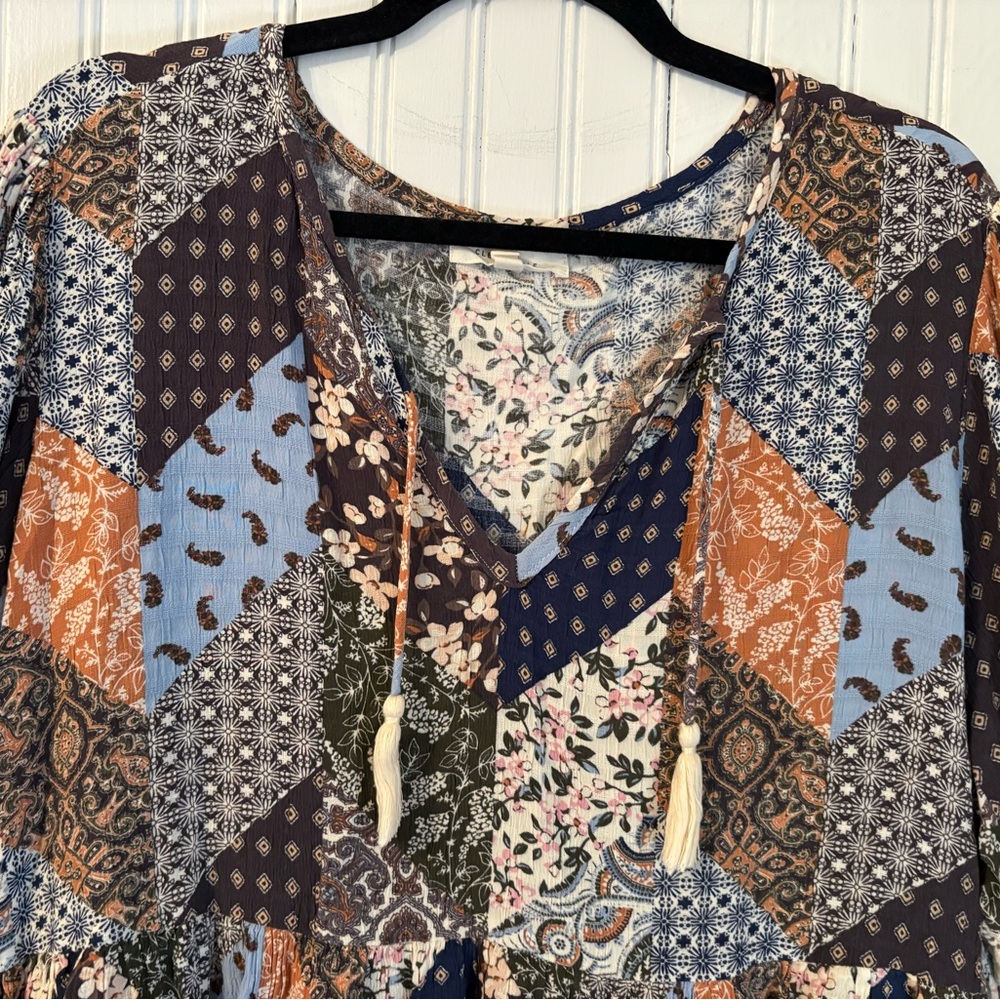 Cleo + Wolf Patchwork Boho Peasant Blouse Tassel … - image 4